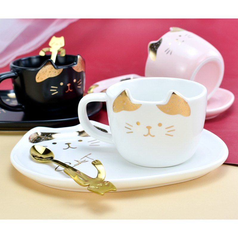 Bộ dụng cụ trà chiều đáng yêu hình con mèo - Trọn bộ đĩa, ly, muỗng - Đựng trà, cà phê và bánh - Chất liệu sứ