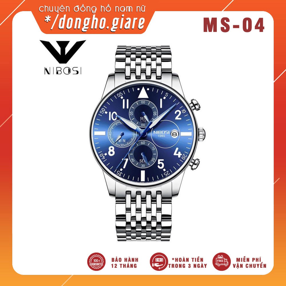 (FREESHIP) Đồng Hồ Nam Nibosi 2368 Chạy Full Kim Kính Tráng Sapphire Dây Kim Loại Không Gỉ Đồng Hồ Dành Cho Nam