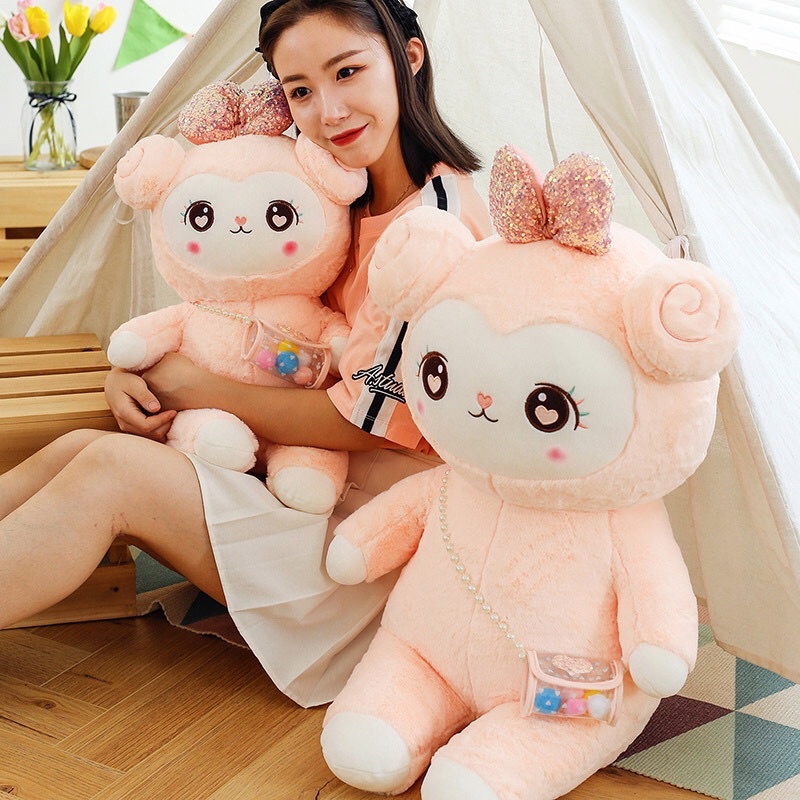 Gấu Bông Cừu Hồng Đeo Túi, Hàng siêu cấp, Lông mượt