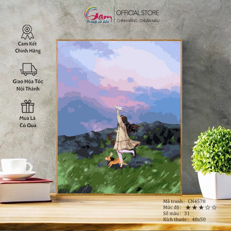 Tranh số hoá tự tô màu cô gái tóc xù GAM nâng cấp lọ màu 5ml kèm 2 bộ cọ khung 2.5cm 40x50cm CN4578
