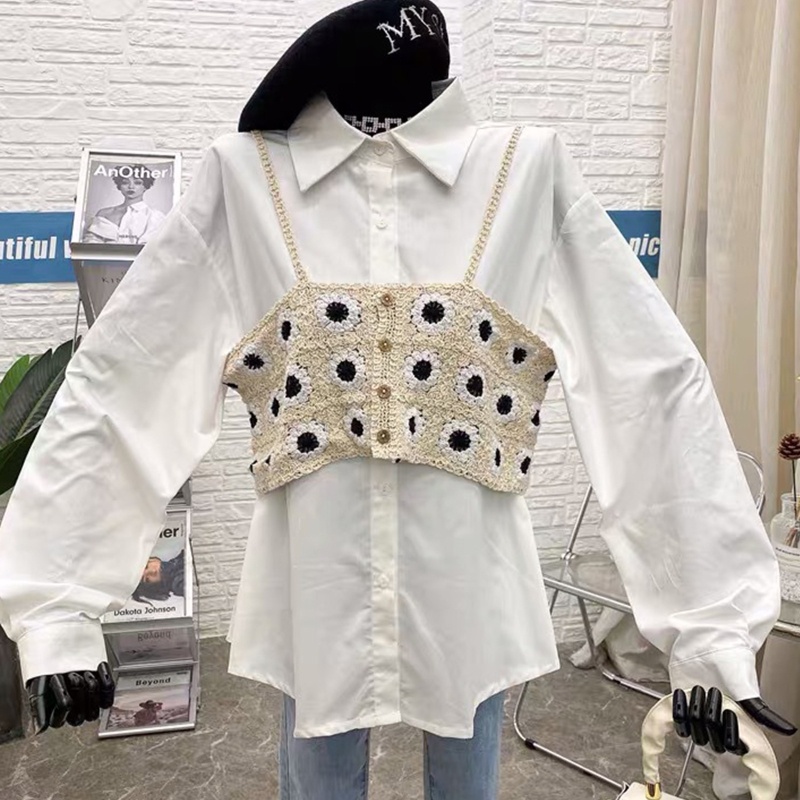 Brroa Áo Sweater Croptop Hai Dây Cài Nút Họa Tiết Hoa Cúc Khoét Rỗng Kiểu Hàn Quốc Thời Trang Mùa Hè Cho Bạn Gái