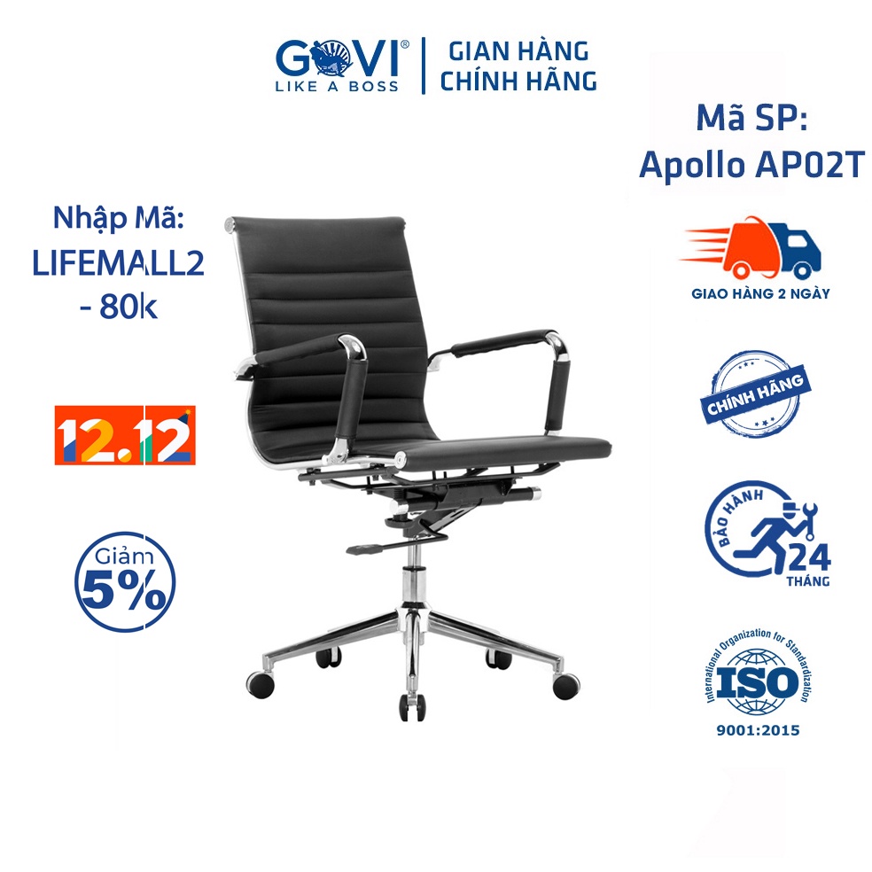 Ghế xoay văn phòng GOVI Apollo AP02T Da simili lưng thấp - Điều chỉnh chiều cao 90-99cm, ngả lưng ghế lên đến 45 độ