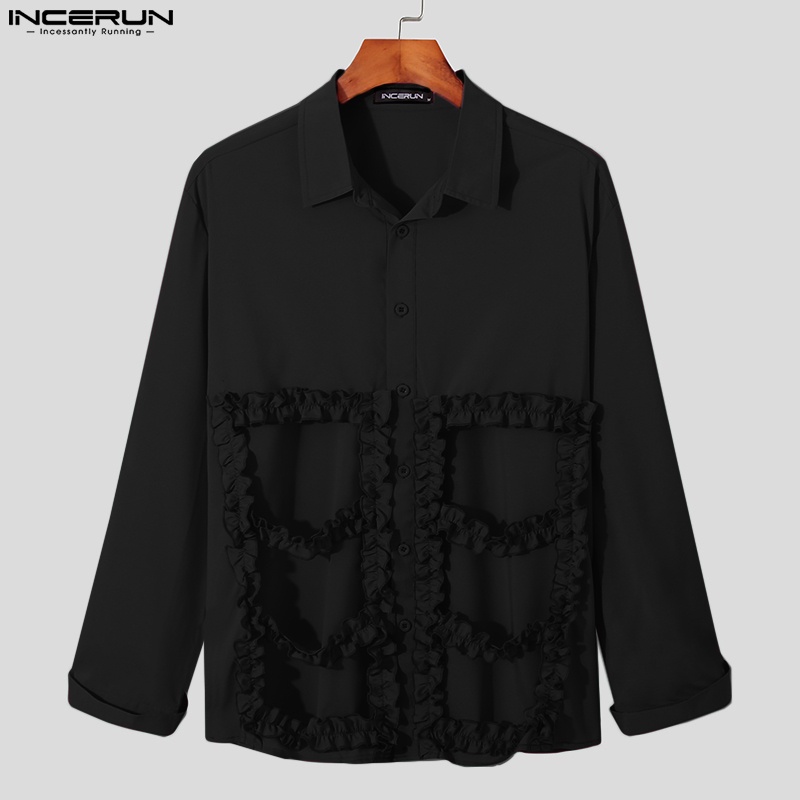 INCERUN Áo Sơ Mi Nam Dài Tay Màu Trơn Thiết Kế Đục Lỗ Thời Trang Dự Tiệc