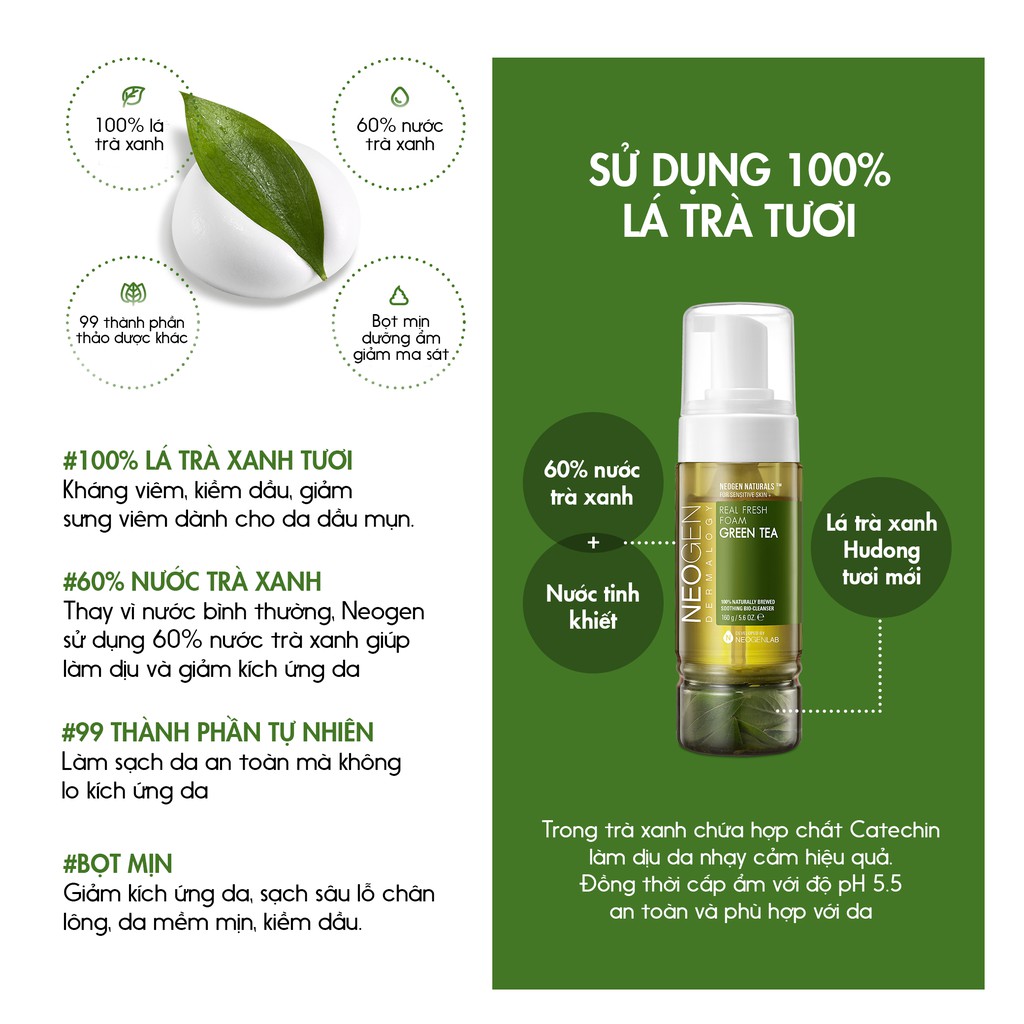 [MUA 1 TẶNG 1]Sữa Rửa Mặt Tạo Bọt Trà Xanh Dành Cho Da Mụn Neogen Dermalogy Real Fresh Foam Green Tea 160ml