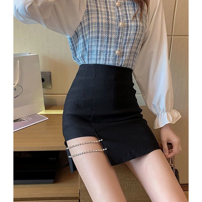 Chân váy chữ A màu đen lưng cao đính đá quyến rũ cho nữ