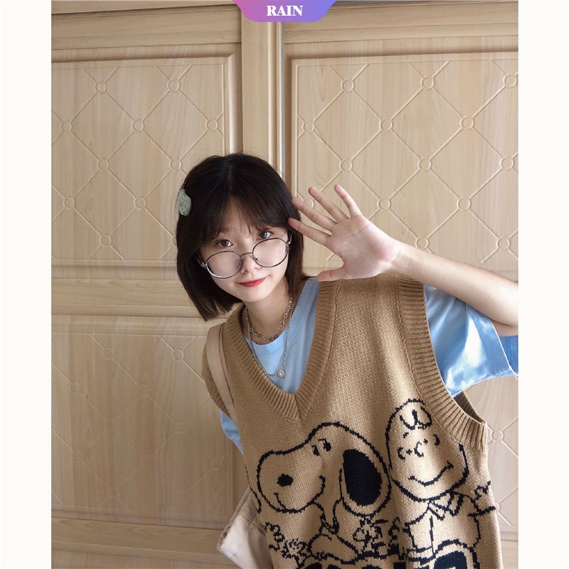 Áo Sweater Sát Nách Cổ Chữ V Dáng Rộng In Hình Nhân Vật Hoạt Hình Snoopy Đáng Yêu Cho Nữ