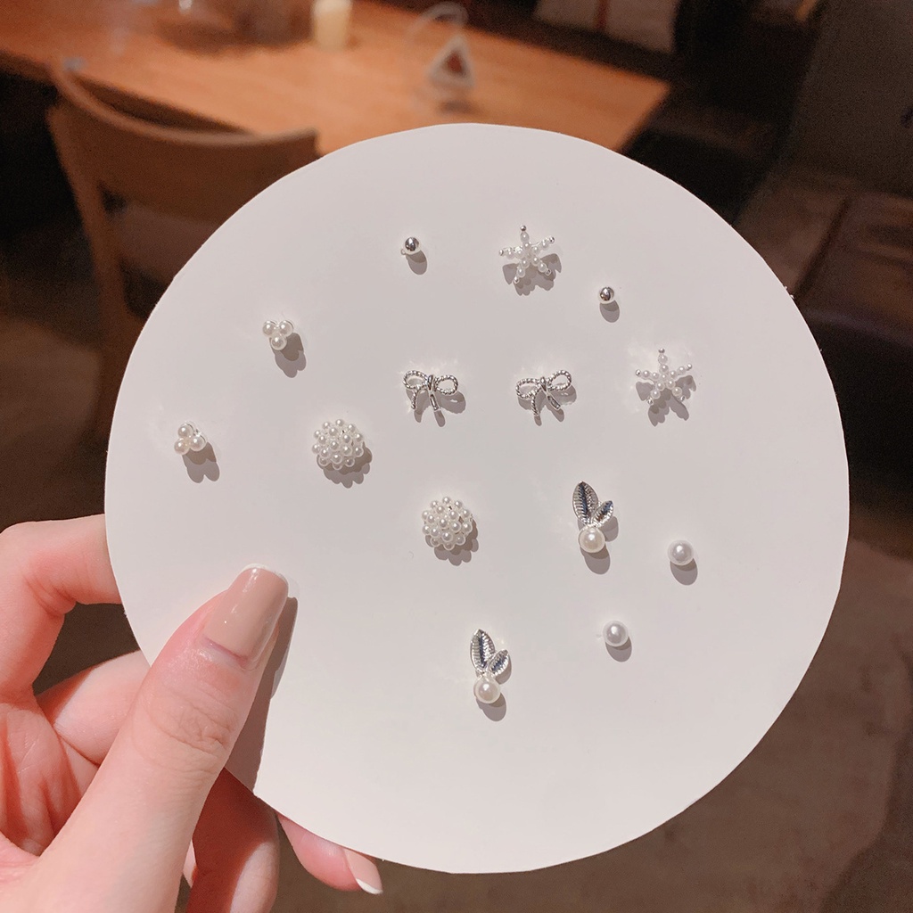 Set 7 đôi bông tai bạc S925 thời trang Hàn Quốc 2022