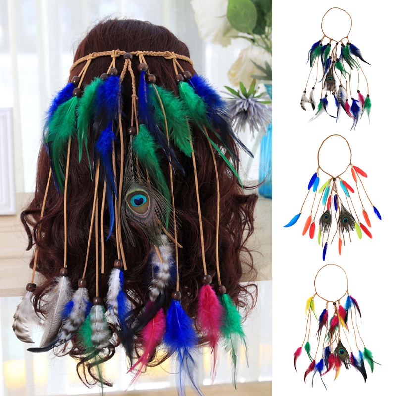 Băng Đô Bện Tóc Phối Lông Vũ Tua Rua Phong Cách Ấn Độ Bohemian