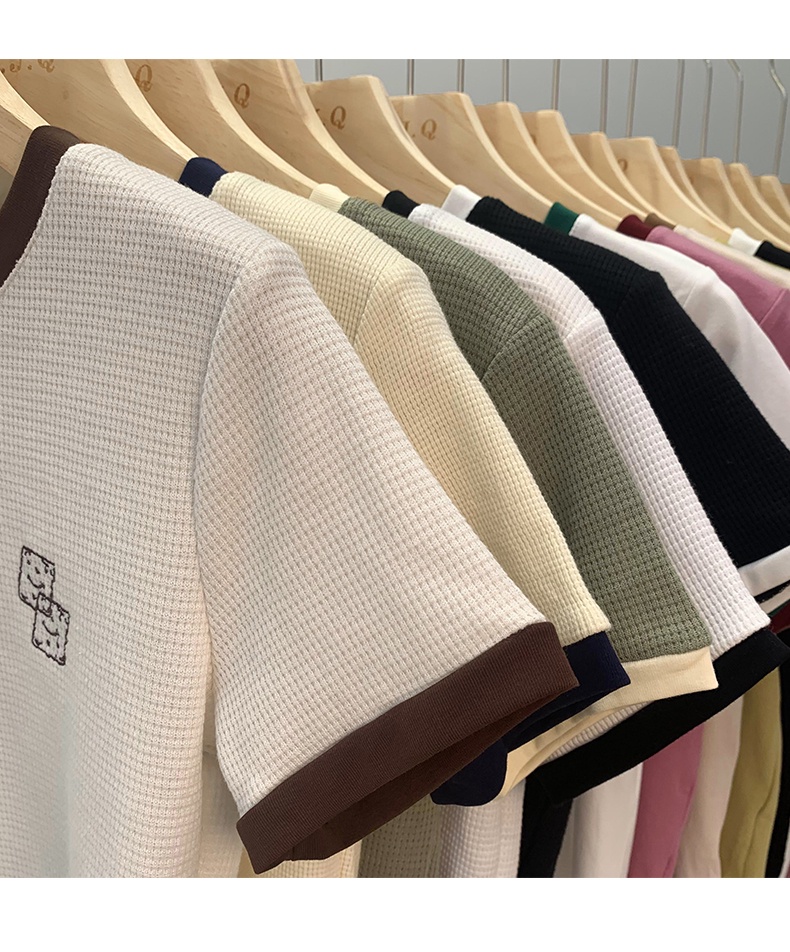 Áo Thun Cotton Ngắn Tay Thêu Họa Tiết Màu Sắc Tương Phản Thời Trang Cho Nữ 54276