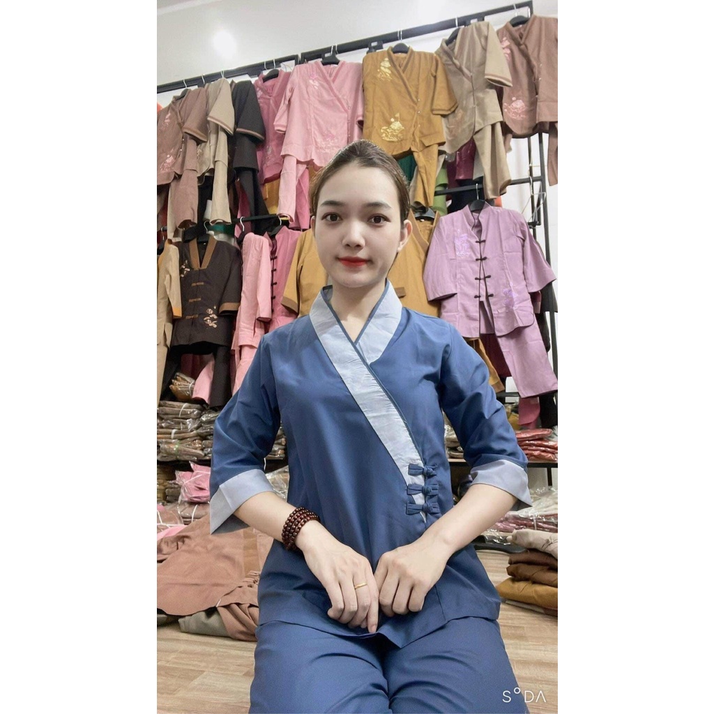Set đồ lam đi chùa - quần áo Phật tử cài chéo viền nổi 3 nút, vải kate Nhật bền đẹp