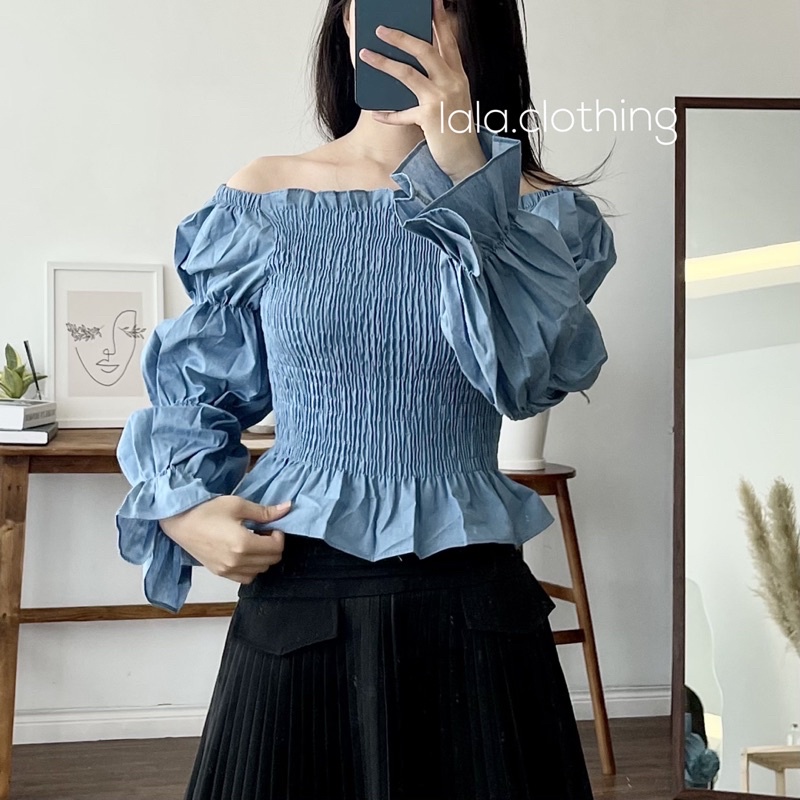 (SẴN) Áo thô xanh trễ vai