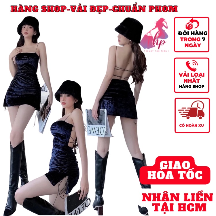 Váy đầm nữ 2 dây hở lưng đan xẻ tà rút thân ôm body chất thun cotton màu đen dự tiệc thời trang sexy-