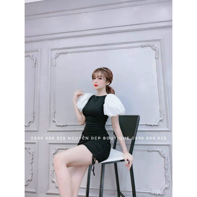 Đầm body tay phồng rút dây hai bên hông xinh xắn