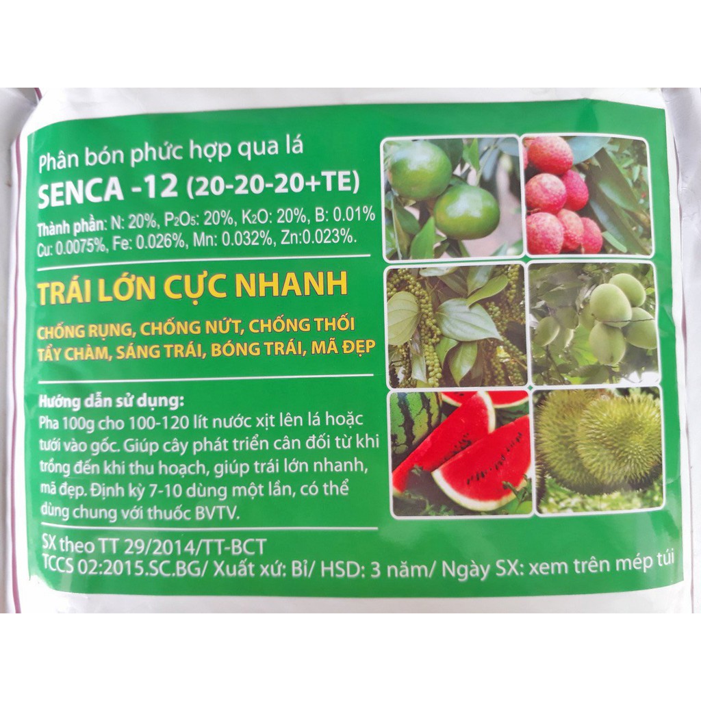 PHÂN BÓN LÁ PHỨC HỢP CHO NGỌT TRÁI, TO TRÁI, TRÁI LỚN CỰC NHANH, TẨY CHÀM, BÓNG TRÁI, MÃ ĐẸP SENCA 12 1KG