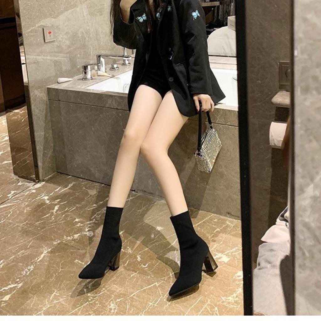 Giầy bốt nữ, boot len cổ cao mũi nhọn gót vuông 7 phân - BOT008 | BigBuy360 - bigbuy360.vn