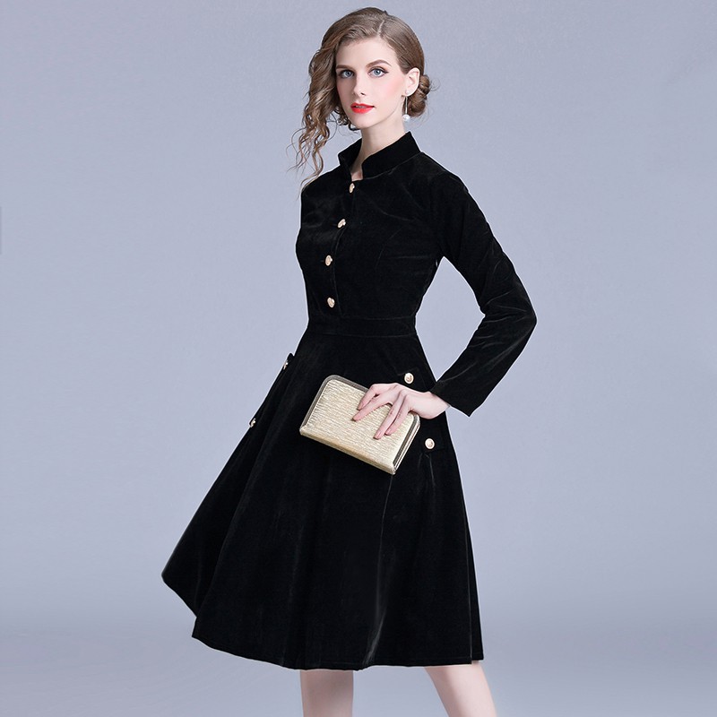 Women's Vintage High Quality Black Velvet Party Midi Dress | BigBuy360 - bigbuy360.vn