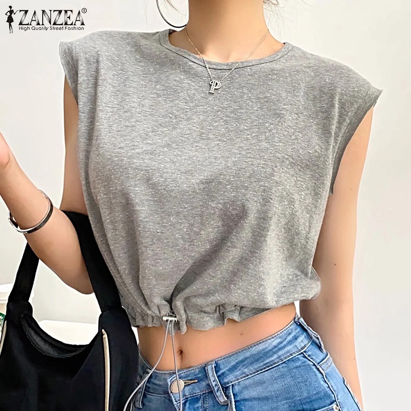 Áo sát nách ZANZEA cổ tròn dây rút phong cách Hàn Quốc dành cho nữ