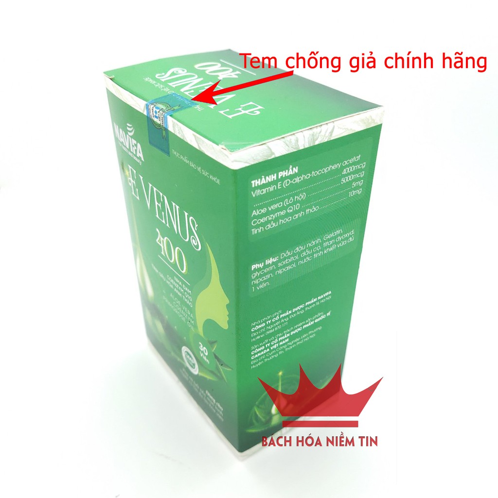 Vitamin E - Nha đam - E VENUS 400 - chống lão hóa làm đẹp da, ngừa sạm da, nhăn da hiệu quả - Hộp 30 viên Chuẩn GMP Bộ Y