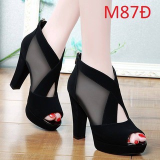 Giày Cao Gót 9p Phối Lưới Dây Đan Chéo