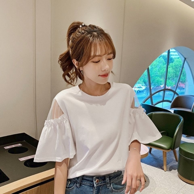 White Short-sleeved T-shirt Women's Short New Korean Version of The Trend Ins Loose Round Neck T-shirt Off-shoulder Top