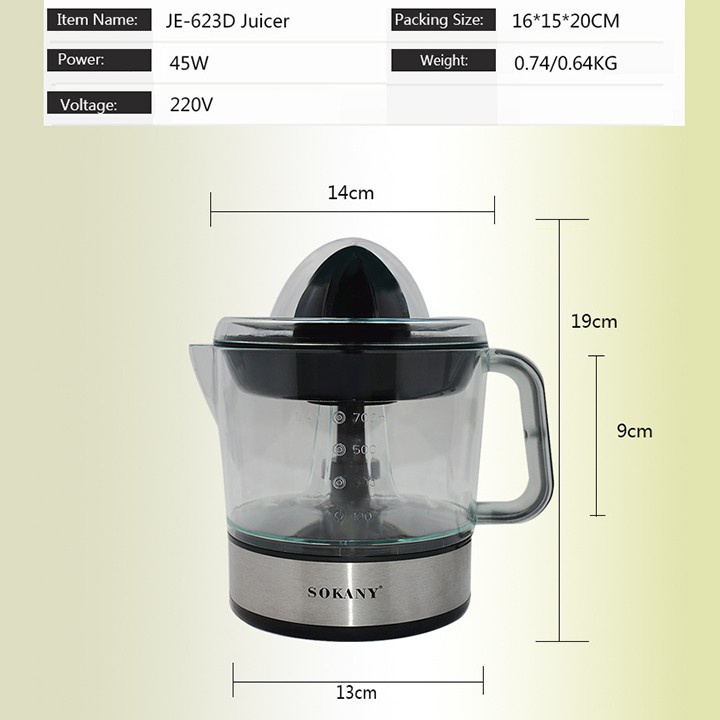 Máy vắt cam SOKANY INOX JE-6230 dùng điện CHÍNH HÃNG dung tích 700ml