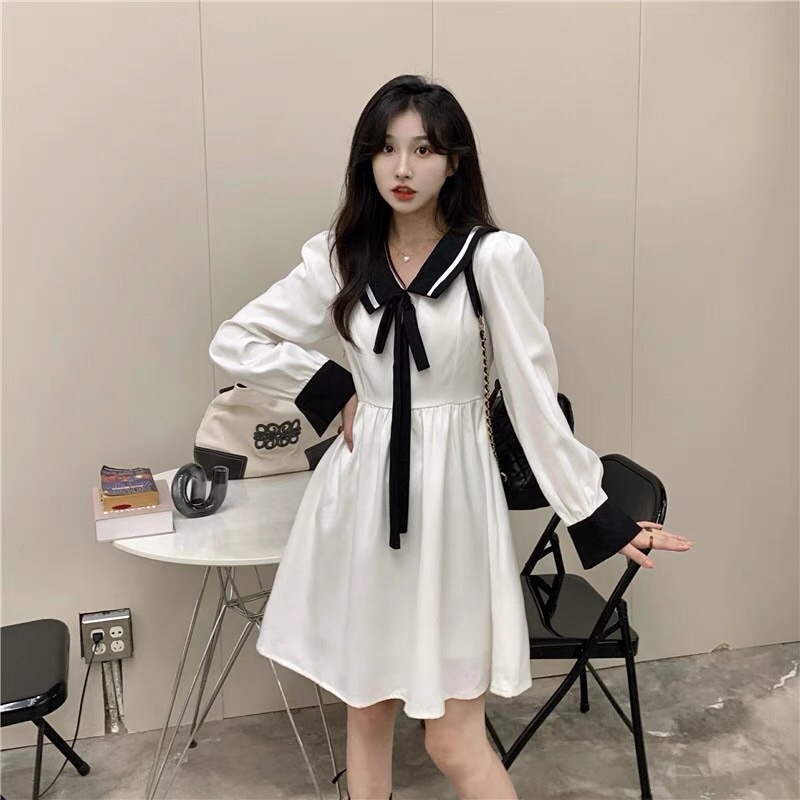 Váy nữ style thuỷ thủ ulzzang nơ dài tay đẹp, Đầm nữ dễ thương Hàn Quốc Maitrangshop92 –