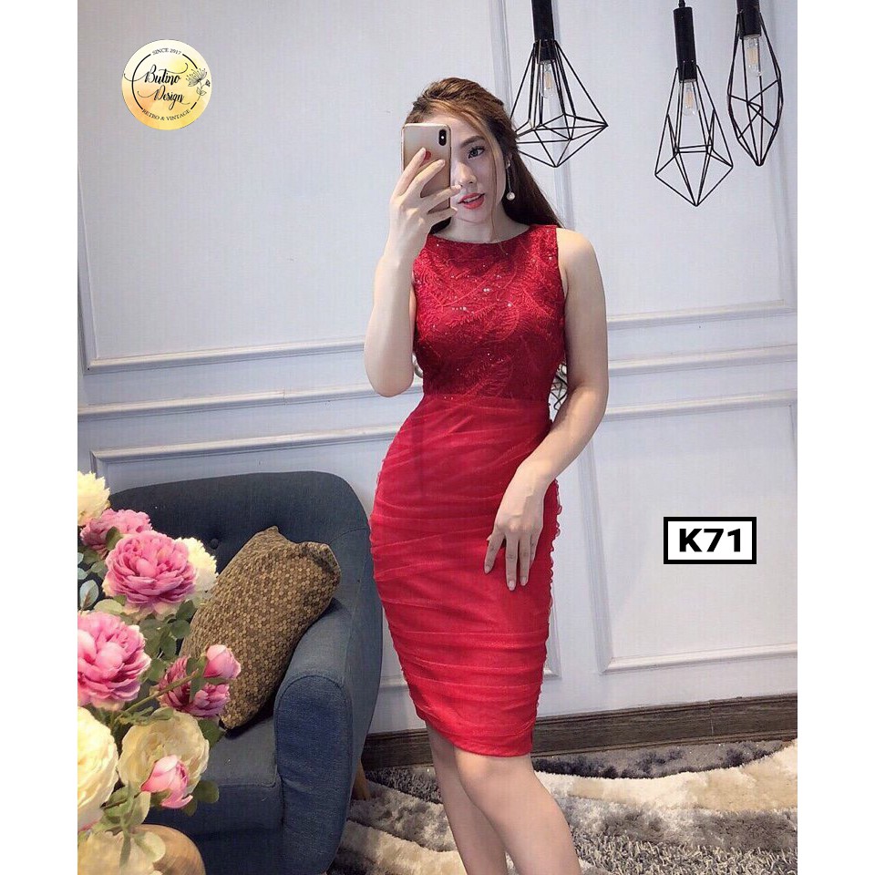 Váy đầm body K71 Đỏ phối ren 2 lớp BUTINO SHOP - 2 màu