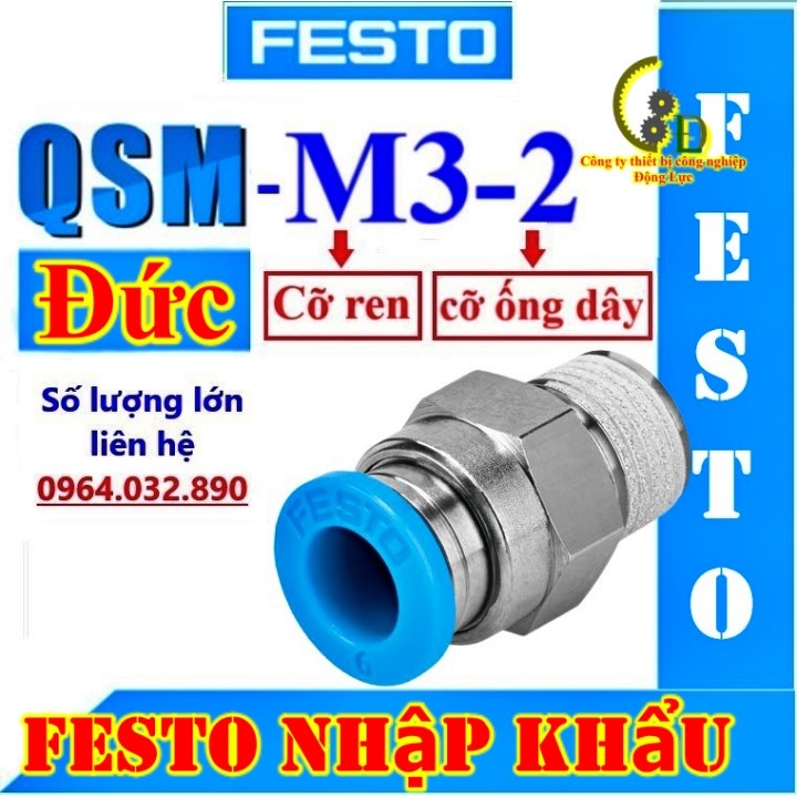 Khớp nối nhanh ren ngoài khí nén Festo Đức, đầu cút nối nhanh ống dây hơi phi 6,5,4,3 QSM-M6,5,4,3, van tiết lưu