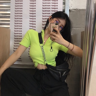 Áo Croptop Màu Xanh Lá Dạ Quang Phối Khoá Kéo Thời Trang Cho Nữ