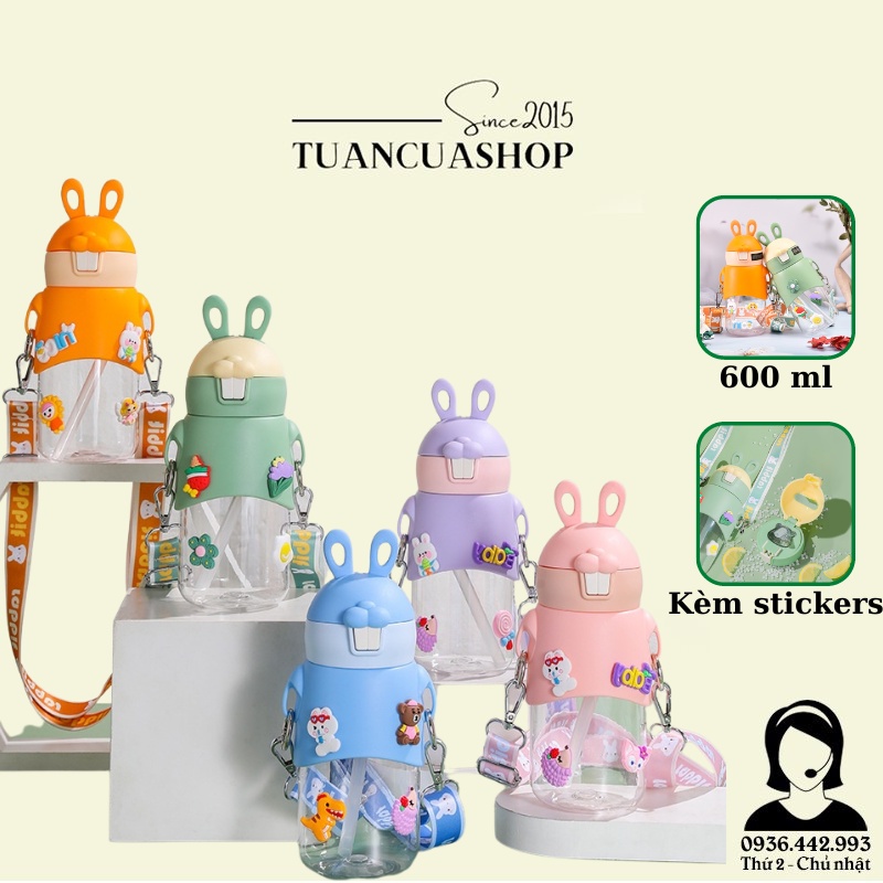 Bình nước 600ml tai thỏ kèm stickers, có ống hút, dây đeo cho bé đi học, đi chơi