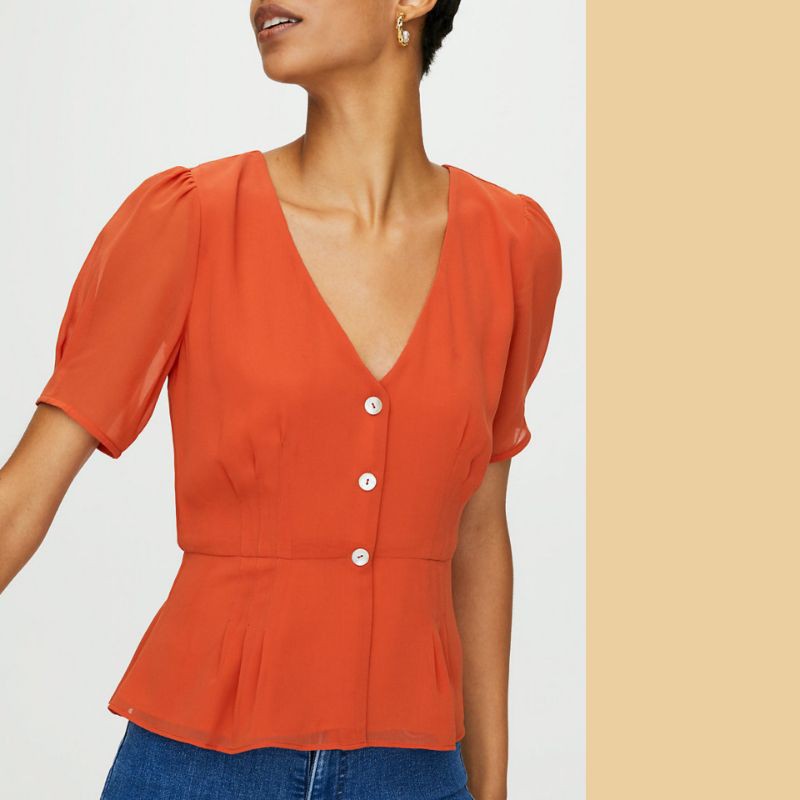 {Nhiều màu} Áo voan 2 lớp phối cúc dáng peplum Aritzia Wilfred xuất Âu (có sẵn)