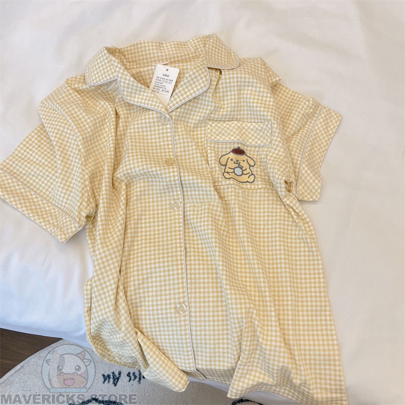 Bộ Đồ Ngủ Mặc Nhà Vải cotton Tay Ngắn Kẻ Sọc Vàng Kiểu Nhật Bản Dễ Thương Cho Nữ
