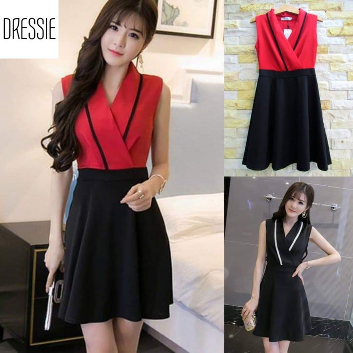 Áo Váy Đầm Xòe DRESSIE Thời Trang Nữ Đẹp Công Sở Dạo Phố Dự Tiệc Cưới - DX76 (Đen - Đỏ)