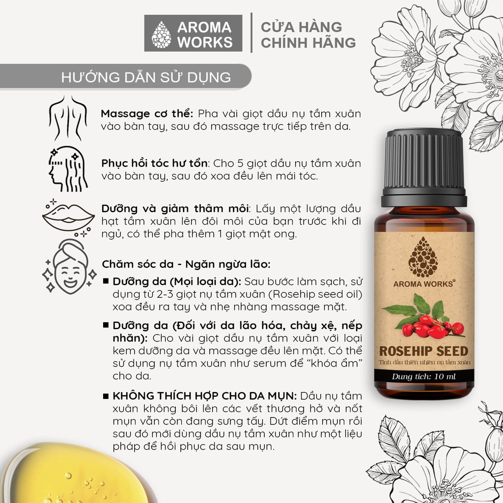 Dầu Nụ tầm xuân Aroma Works Organic Rosehip Seed Oil dưỡng da, cấp ẩm, làm mờ da rạn nứt