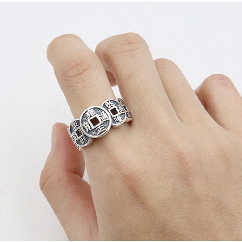Nhẫn bạc 925 hình đồng xu Trung Quốc cổ điển có thể điều chỉnh cho nữ