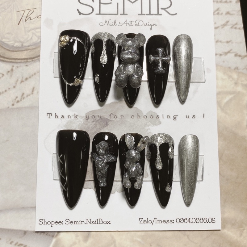 Nail Box thiết kế tone đen nhũ bạc cá tính đính charm gấu bear brick, charm thỏ, charm thiên thần, charm chữ thập