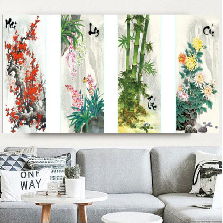 Tranh thêu chữ thập Tứ quý Đào Lan Cúc Trúc Lavender LV3266,kích thước: 130x59cm