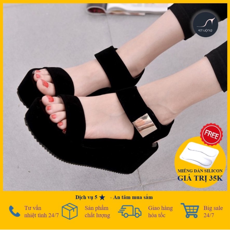 Giày đế bánh mì giày Chuộng nhung đen cài khóa màu vàng thời trang Hàn Quốc 6cm