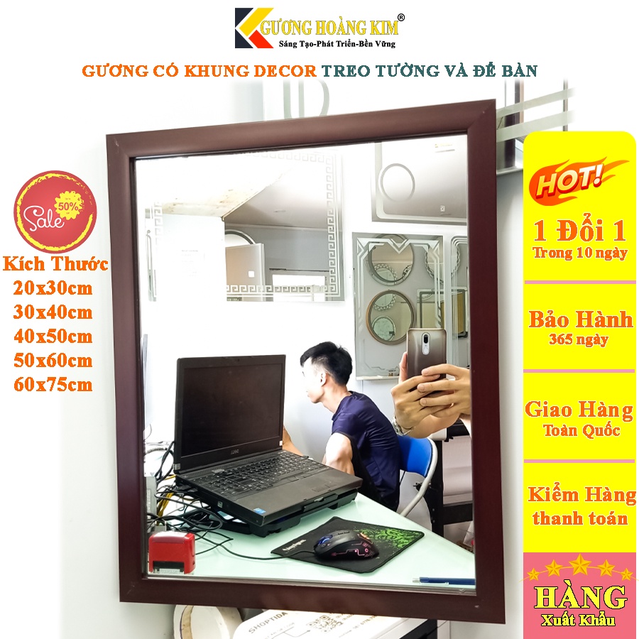 gương để bàn treo tường có khung decor viền màu đen trắng nâu vân gỗ kích thước 60x75 cm - guonghoangkim mirror HK5001