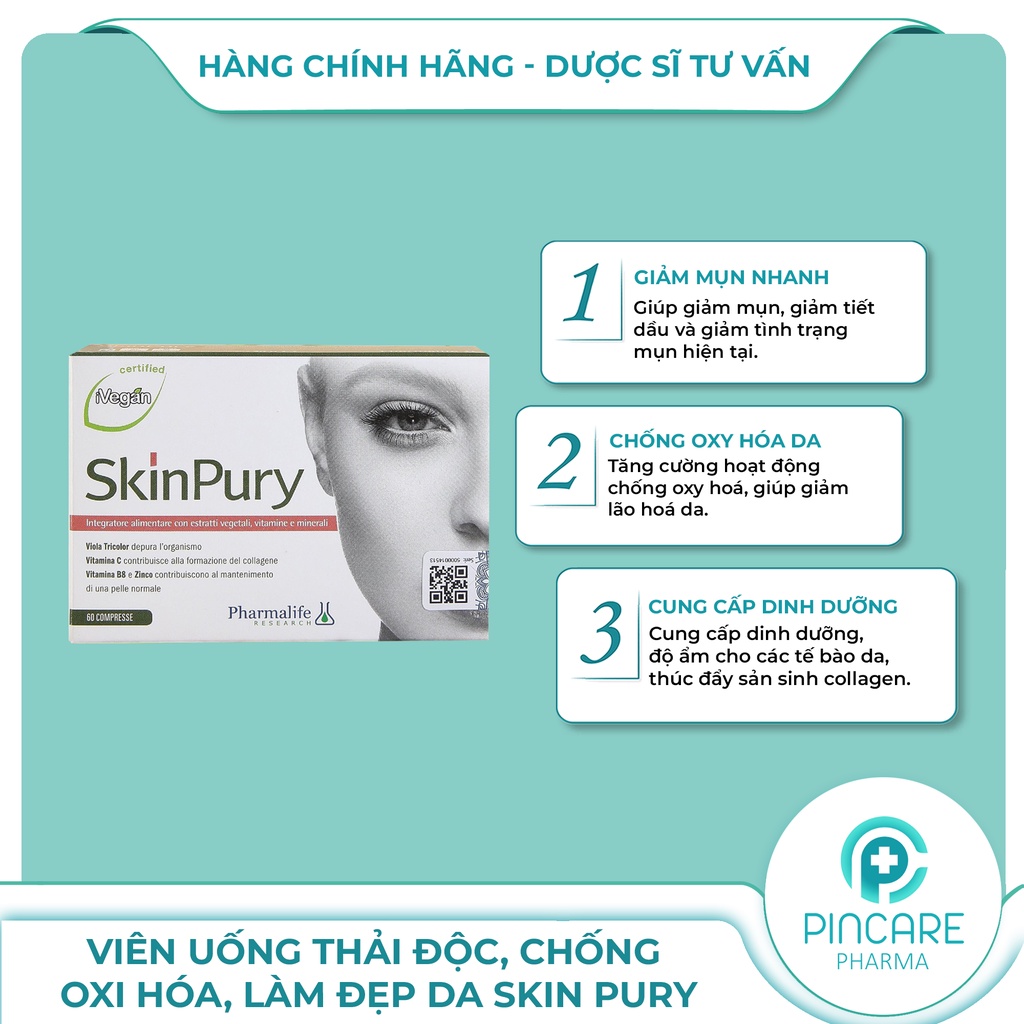 Viên uống giảm mụn, thải độc, chống oxy hóa, làm đẹp da Pharmalife Skin Pury - Hàng chính hãng - Nhà thuốc PinCare