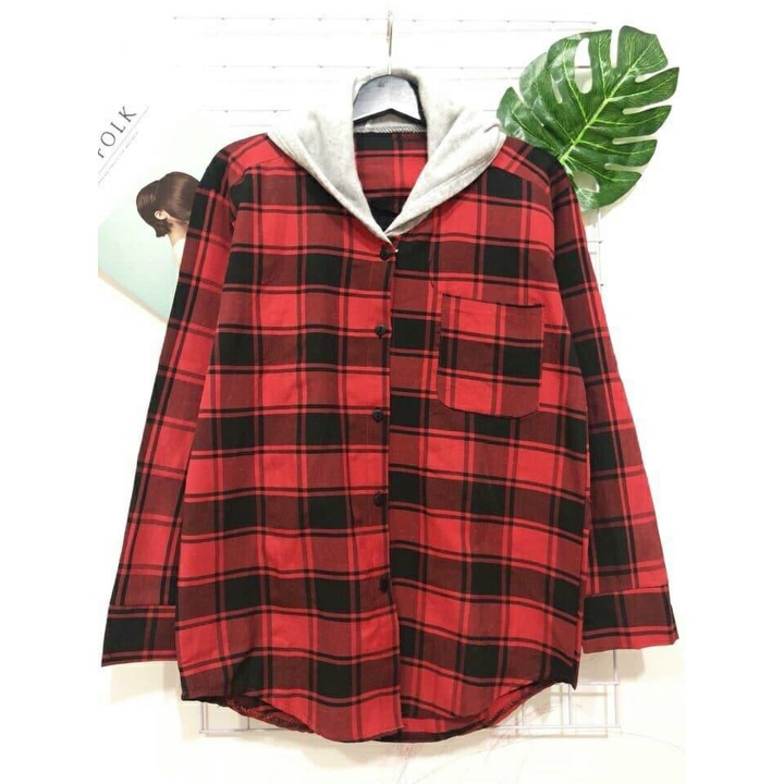 Áo khoác sơ mi chống nắng có mũ 2 lớp vải sơ mi caro cho nam và nữ