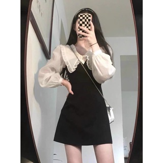 Đầm cổ bèo tay voan phối màu trắng đen