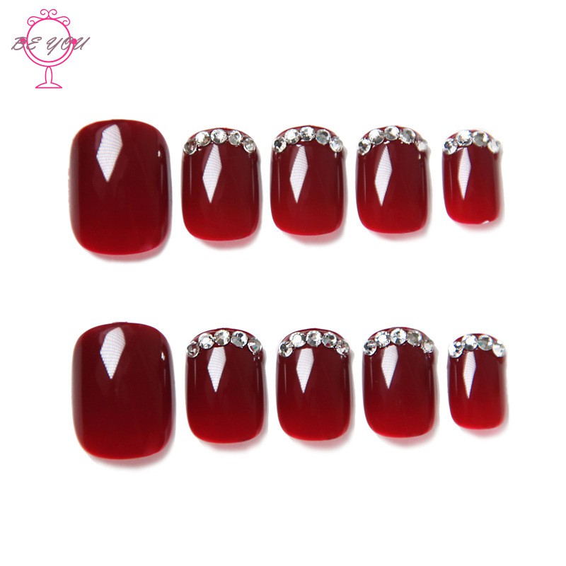 24pcs Detachable Wearable Fake Nails press on autumn and winter wine red color with  diamond factory direct