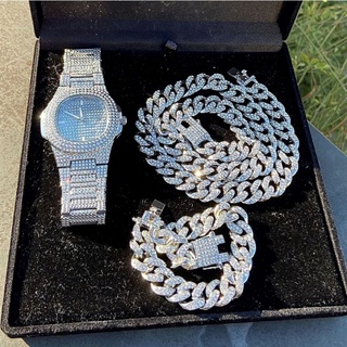 3 Vòng Cổ + Đồng Hồ + Vòng Tay Hip Hop Miami Cuba Dây Xích Đá Ra Lát Kim Cương Giả Bling Rapper Nam Màu Vàng Trang Sức