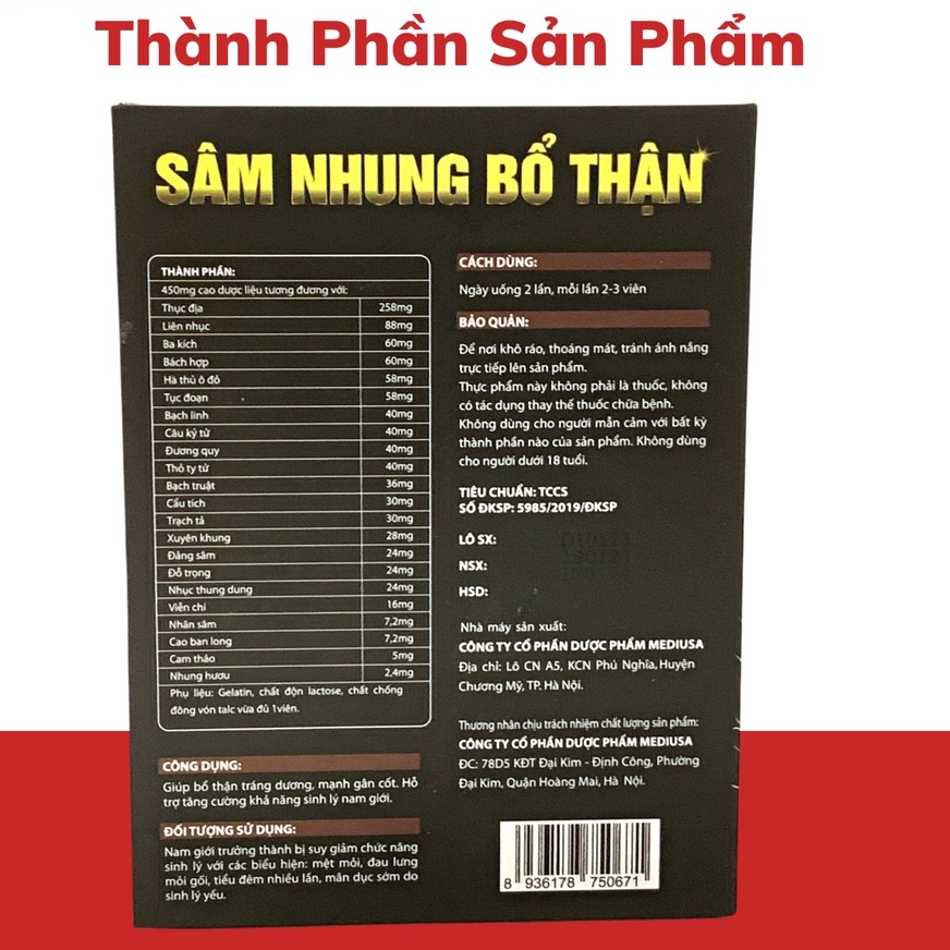 Viên uống Tăng Cường Sinh Lý Nam, Sâm Nhung Bổ Thận giảm đau lưng, mỏi gối, tiểu đêm nhiều - Hộp 30 viên