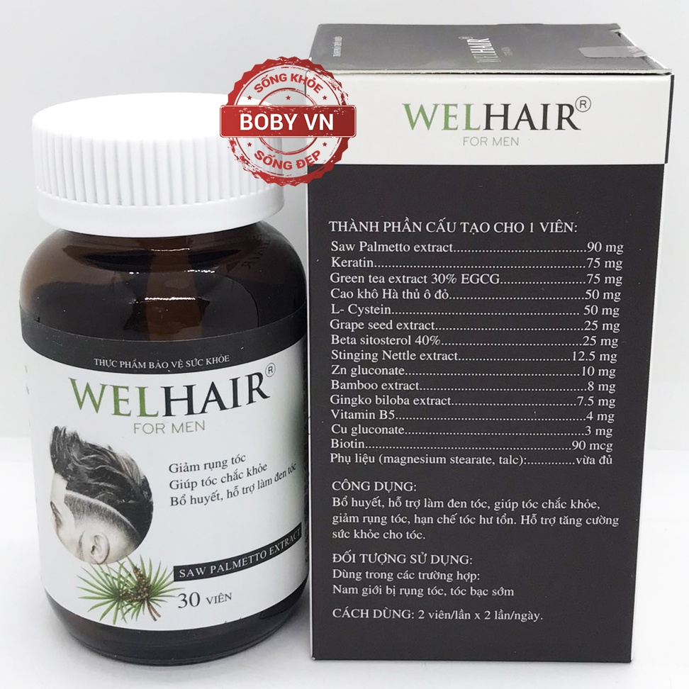 Welhair for men làm đen tóc, ít bạc tóc, giảm rụng tóc, giúp tóc chắc khỏe - Hộp 30 viên - Boby