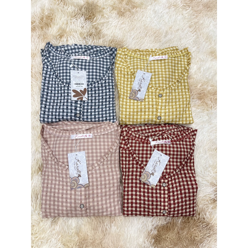 Bộ đồ mặc nhà nữ Karoll chất thô kate quần dài tay lửng họa tiết kẻ caro NH22.065