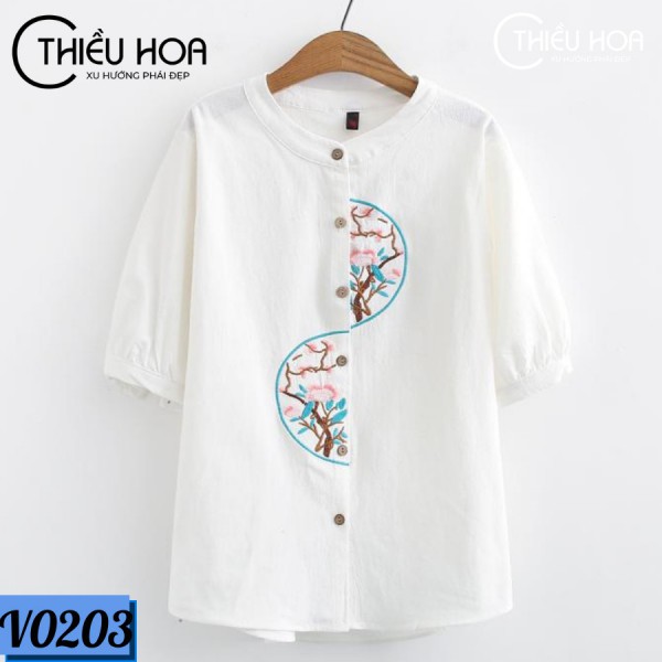 Áo Trung Niên Linen Họa Tiết Thêu Tay Sang Trọng Thiều Hoa V0203