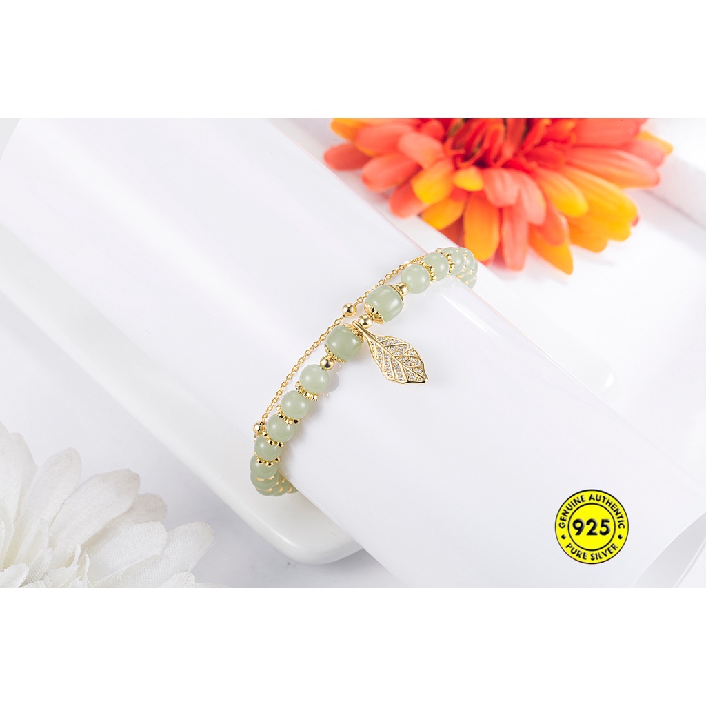 Vòng Tay Chuỗi Đôi Phối Đá Ngọc Bích Thiết Kế Cao Cấp Không Thấm Nước Phong Cách Retro Thanh Lịch