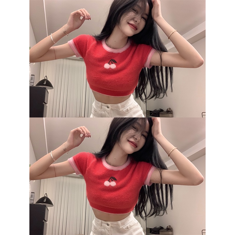 Áo Thun Tay Ngắn Phối Lông Màu Hồng Cherry Dễ Thương